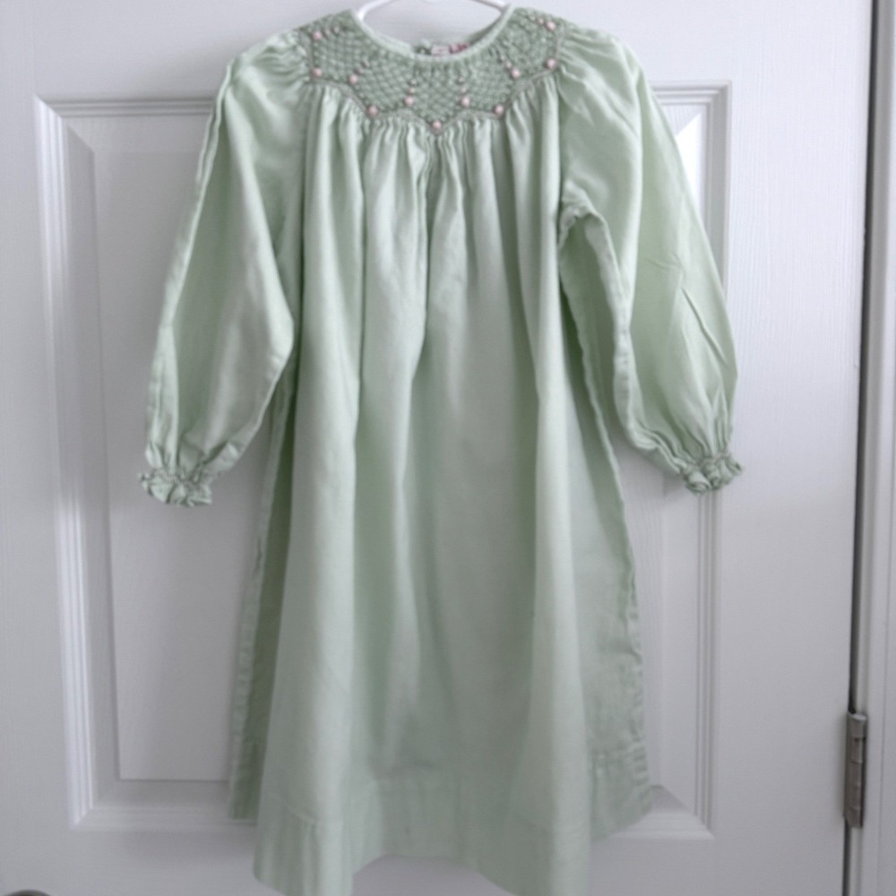 Orient Express Smocked Dress Kids 4 Mint Green Cotton Vintage Style Floral LS